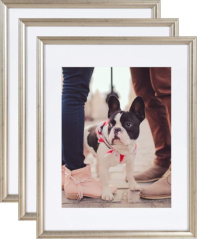 Kate and Laurel Adlynn Wall Picture Frame Set, 14" x 18" matted to 11" x 14", Warm Silver, Set of 3