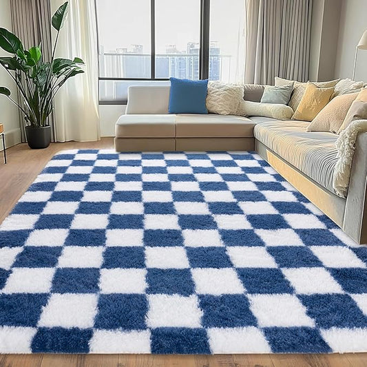 Checkered Rugs for Bedrooms, 4x5.9 Blue and White Carpet for Living Room, Fluffy Shaggy Area Rug for Kids Room, Soft Non Slip Aesthetic Decor for Home