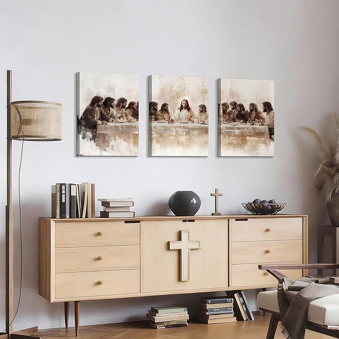 WENGTIAO 3Pcs Christian Wall Art Prints Jesus Last Supper Canvas Painting Poster Religious Scripture Pictures Bible Renaissance Easter Artwork For Dining Room Living Room Church 12x16 inch