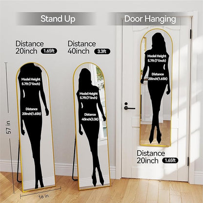 SCWF-GZ 57x16 Door Hanging Full Length Mirror, Floor Stand (Height 5.7ft just Body in1.3ft) / Wall Mounted Metal Frame Arch Dressing Mirrors for Bedroom Living Room 57 inch Gold