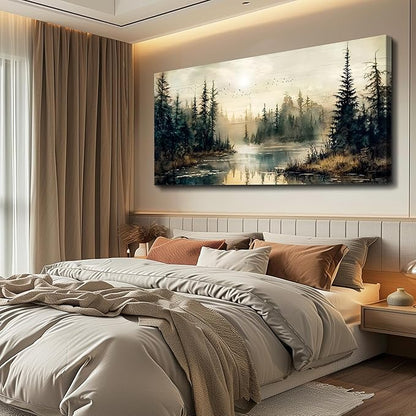 FUHAIHUA Large Wall Decor For Living Room Canvas Wall Art For Office Farmhouse Wall Decorations For Bedroom Forest River Landscape Paintings Modern Pictures Artwork Room Home Decor 24x48 In