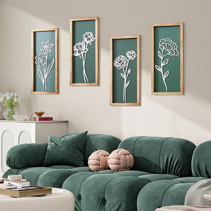 HKBS 3D Wooden Floral Wall Art, Set of 4 Framed Flowers Wall Art Sculptures, Boho Farmhouse Minimalist Decor for Bathroom Bedroom Living Room Kitchen or Office Wall Decorations Housewarming Gifts (Green)