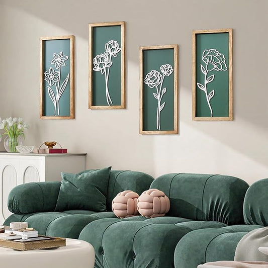 HKBS 3D Wooden Floral Wall Art, Set of 4 Framed Flowers Wall Art Sculptures, Boho Farmhouse Minimalist Decor for Bathroom Bedroom Living Room Kitchen or Office Wall Decorations Housewarming Gifts (Green)