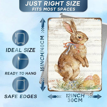 Happy Easter Bunny Metal Sign Spring Theme Rustic Tin Wall Art For Home Kitchen Garden Farmhouse Seasonal Decor 12x16Inch