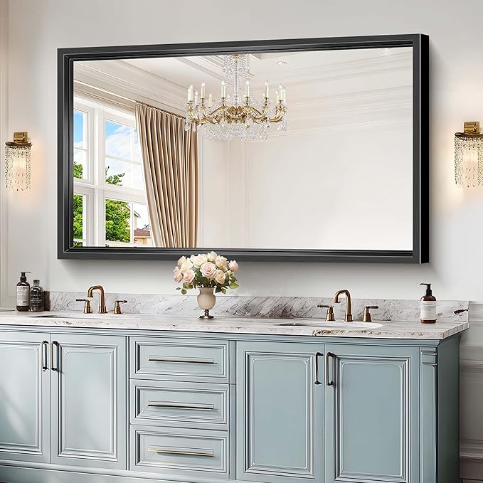 Large Bathroom Mirror, 60 x 36 Inch Rectangular Wall Mirror 0.6" Thickened Deep Frame, Brushed Black Mirrors for Bathroom Sink, Shatterproof Tempered Glass, Antirust, Horizontally or Vertically