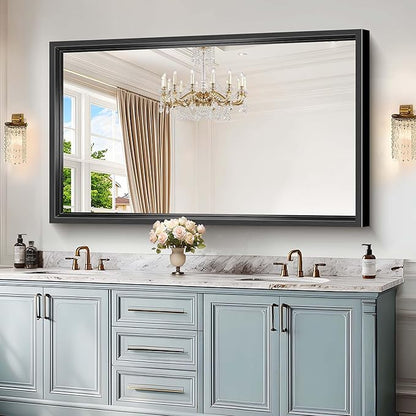 Large Bathroom Mirror, 60 x 36 Inch Rectangular Wall Mirror 0.6" Thickened Deep Frame, Brushed Black Mirrors for Bathroom Sink, Shatterproof Tempered Glass, Antirust, Horizontally or Vertically