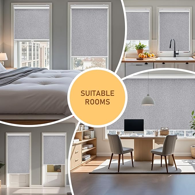 Cordless Roller Shades Blackout Blinds for Windows Room Darkening Rolled Up Shades with Spring System, UV Protection Natural Linen Fabric Window Shades Door Blinds for Home,39" W x 72" H, Heather Grey