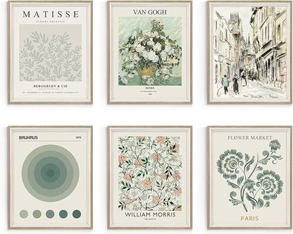 Habseligkeit Sage Green Master Wall Art Prints, Abstract Matisse Wall Art Exhibition Posters, Vintage Art Prints, Retro Room Decor for Bedroom Aesthetic Framed, 8x10in, Set of 6