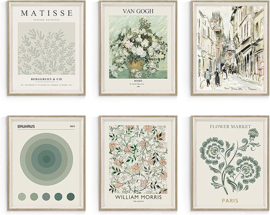 Habseligkeit Sage Green Master Wall Art Prints, Abstract Matisse Wall Art Exhibition Posters, Vintage Art Prints, Retro Room Decor for Bedroom Aesthetic Framed, 8x10in, Set of 6