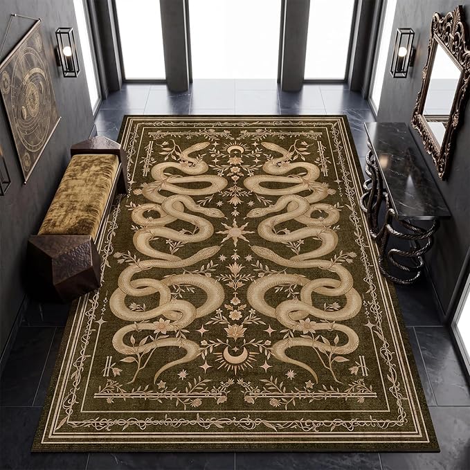 Garvee Snake Gothic 9x12 Area Rug Dark Whimsical Moody Witchy Unique Soft Thin Large Carpet for Living Room Bedroom Dining Room Playroom Indoor Decor Low Pile TPE Backing Brown