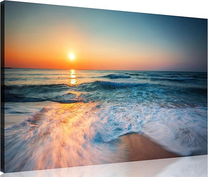 TutuBeer 1 Panel Beach Pictures Wall Art Blue Sea White Beach at Sunrise Pictures Print on Canvas Sea Wall Decor Seascape Paintings for Home Decor Stretched and Framed Easy to Hang 16x24 inch