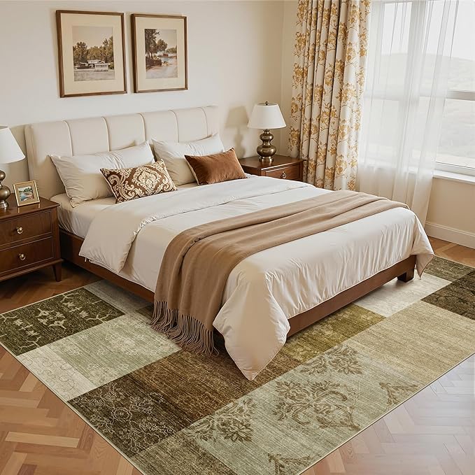 UERMEI 5x7 Area Rug Washable, Brown Modern Geometric Rugs for Living Room, Non-Slip Patchwork Carpet, Stain Resistant Low-Pile Foldable Rug for Bedroom Dining Room - Brown