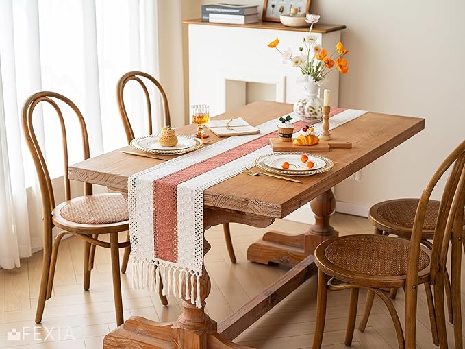 FEXIA Boho Table Runner for Summer Home Decor with Tassels 72 Inches Farmhouse Long Rustic Table Runner Macrame Burlap Centerpieces for Tables Decoration for Living Room Coral (12x72 Inches)