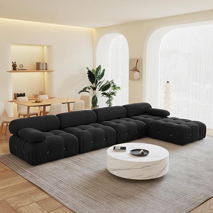 138'' Modular Sectional Couch, L-Shaped Velvet Sofa with Reversible Chaise Ottoman, Minimalist Bubble Couch, Modern Black Sectional Couches for Living Room, Apartment (4 Seats, 1 Ottoman, Black)