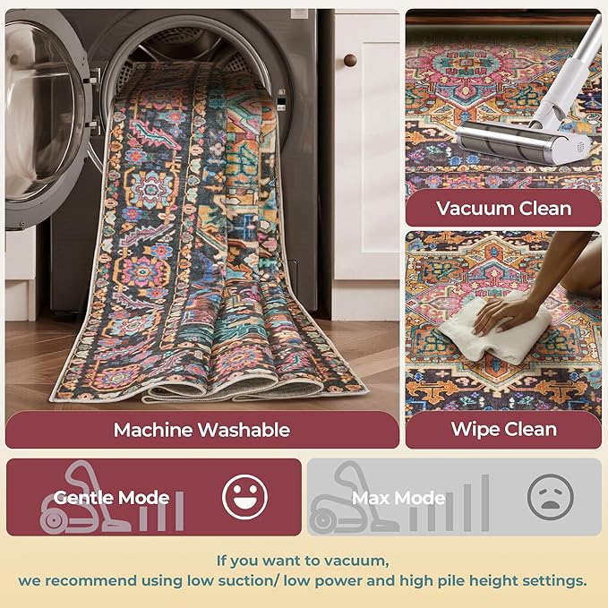 Kokia 10x14 Washable Black and Pink Area Rugs with Vintage Orient Design, Soft Rug for Living Room or Bedroom, Non-Slip Low Pile Stain Resistance Features, Distressed Medallion Pattern