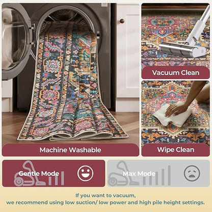Kokia 4x6 Washable Black and Pink Area Rugs with Vintage Orient Design, Soft Rug for Living Room or Bedroom, Non-Slip Low Pile Stain Resistance Features, Distressed Medallion Pattern