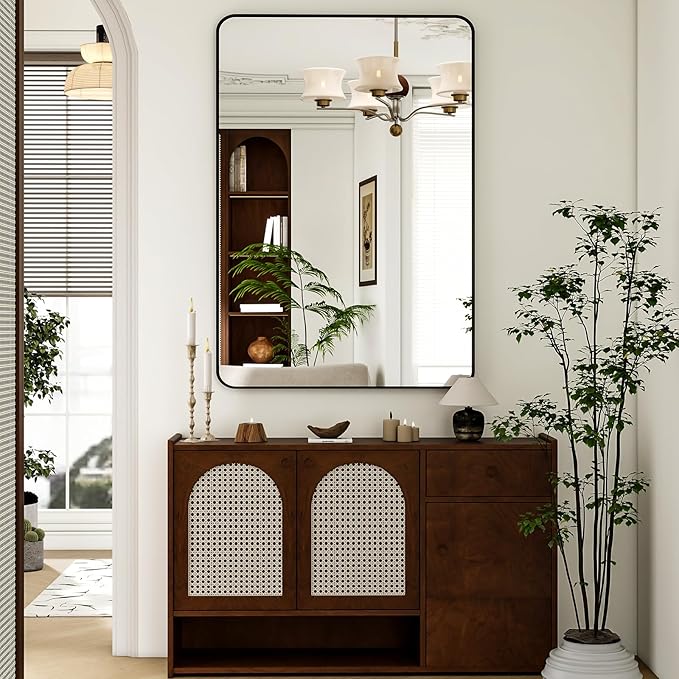 Easly 30 x 48 Inch Bathroom Mirror, Rounded Rectangular Vanity Mirror for Wall, Modern Mirror for Room Decor, Black Framed Wall-Mounted Mirrors for Home Decor, Hangs Horizontally or Vertically