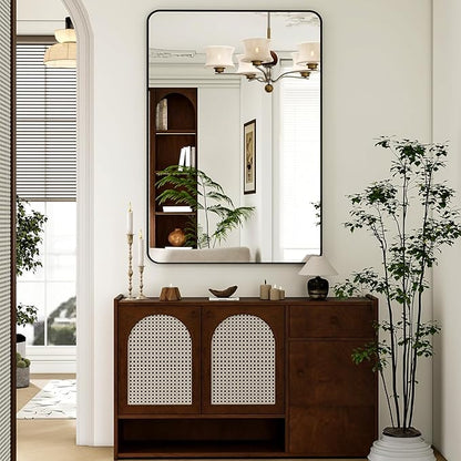 Easly 30 x 48 Inch Bathroom Mirror, Rounded Rectangular Vanity Mirror for Wall, Modern Mirror for Room Decor, Black Framed Wall-Mounted Mirrors for Home Decor, Hangs Horizontally or Vertically