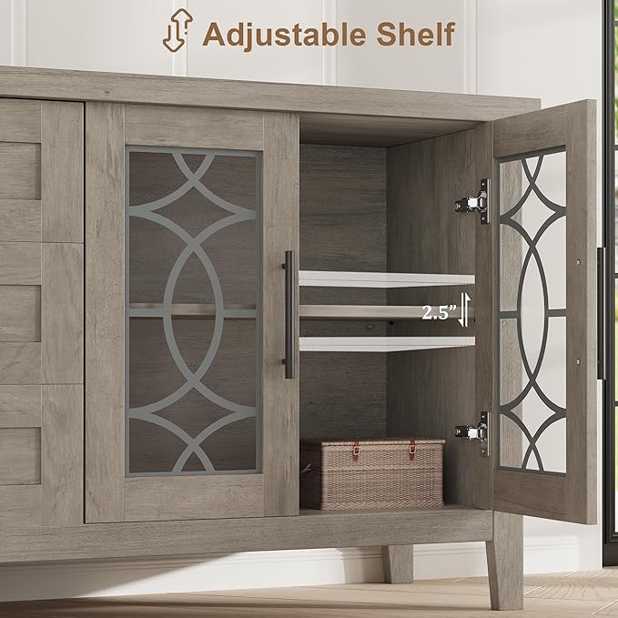 GarveeHome Farmhouse TV Stand with Glass Door for 70 Inch Tv, Mid Century Modern Entertainment Center for Living Room, Rustic Television Stands 2 Storage Door & 3 Drawer for Bedroom (Classic Gray)