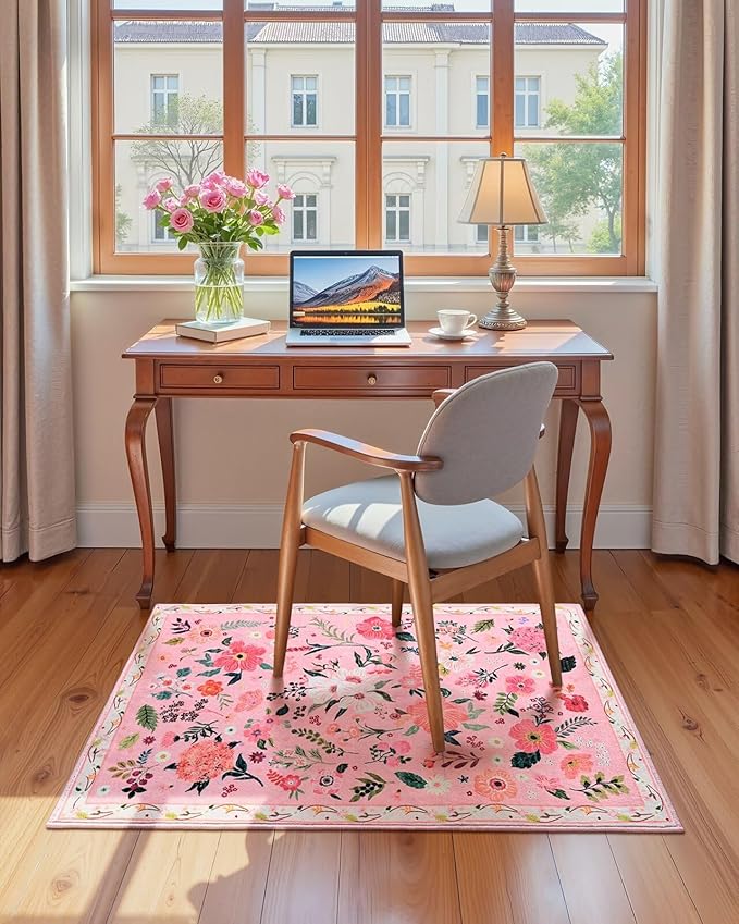 Macgace 2x3 Pink Floral Rug for Entryway, Flowers Printed Washable Small Rugs with Non Slip Backing for Girls Bedroom Kitchen, Cute Throw Carpet Front Door Entry Decor