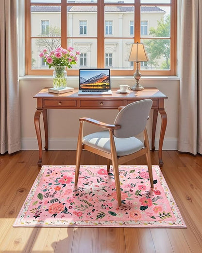 Macgace 2x3 Pink Floral Rug for Entryway, Flowers Printed Washable Small Rugs with Non Slip Backing for Girls Bedroom Kitchen, Cute Throw Carpet Front Door Entry Decor