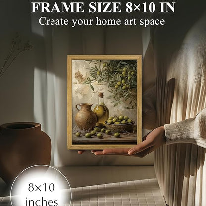 Wood Framed Olive Kitchen Wall Art, Vintage Rustic Still Life Canvas Print, Green Olives Poster Print Picture, Fruit Wall Decor Painting for Dining Room Cafe Restaurant Farmhouse Home Decor 8x10 inch