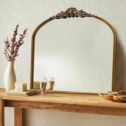 36''x29'' Antique Gold Arched Wall Mirror with Metal Flower Carving Frame, Small Vintage Retro Baroque Mirror Ornate, Vanity Mirror for Bathroom, Fireplace,Entryway, Living Room (Vintage Gold,)