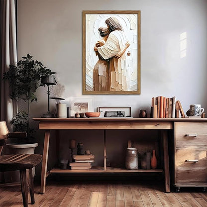 Wood Framed Jesus Embracing Woman Canvas Wall Art, Safe in His Arms Pictures Canvas Print Posters Wall Decor, Christian Wall Art Home Decor for Living & Prayer Room 24x36 inch