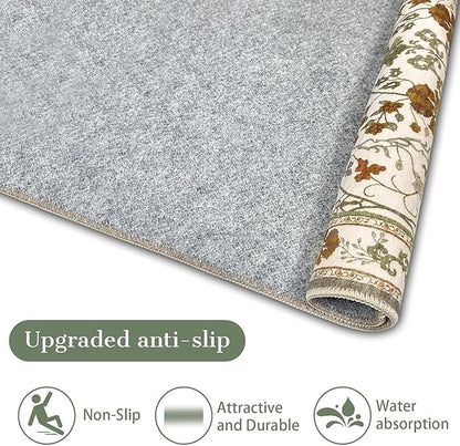 Area Rug 3x5 Machine Washable Vintage Floral Rugs for Living Room, Small Boho Non Slip Indoor Entrance Rug for Kitchen Bedroom, Beige White