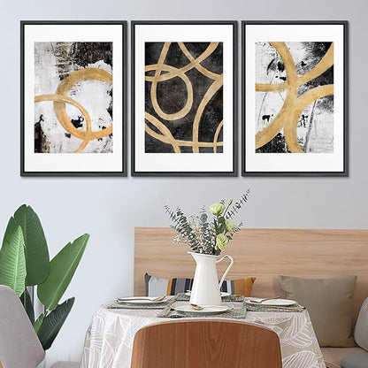 SIGNLEADER Framed Canvas Print Wall Art Set Gold Black Circle Ring Spiral Collage Abstract Shapes Illustrations Modern Art Decorative Contemporary for Living Room, Bedroom, Office - 16"x24"x3 BLACK