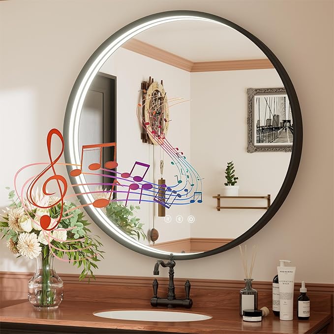36 Inch Bluetooth Bathroom Mirror with LED Lights, Black Frame Round Vanity Mirror with Lights and Bluetooth, Anti-Fog, Dimmable, 3000K/4500K/6000K, CRI 90+,Memory Function