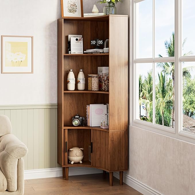 Lxsxlome Fluted Corner Cabinet, 66.928" Tall Corner Floor Cabinet with Sliding Doors and Shelves, Modern Wooden Freestanding Narrow Storage Organizer for Kitchen,Living Room (Walnut, 66.92" H)