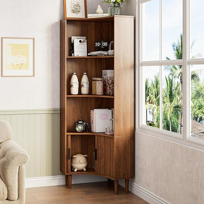 Lxsxlome Fluted Corner Cabinet, 66.928" Tall Corner Floor Cabinet with Sliding Doors and Shelves, Modern Wooden Freestanding Narrow Storage Organizer for Kitchen,Living Room (Walnut, 66.92" H)