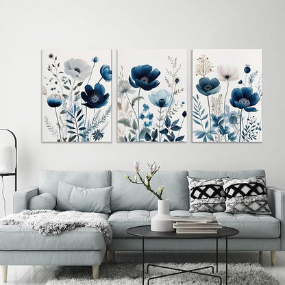 DUWQU 3 Pcs Blue Floral Canvas Wall Art, Elegant Navy Blue Wildflower Lily Daisy Wall Decor, Watercolor Botanical Flower Home Poster Art Prints for Living Room Bedroom Bathroom 16×24 Inches