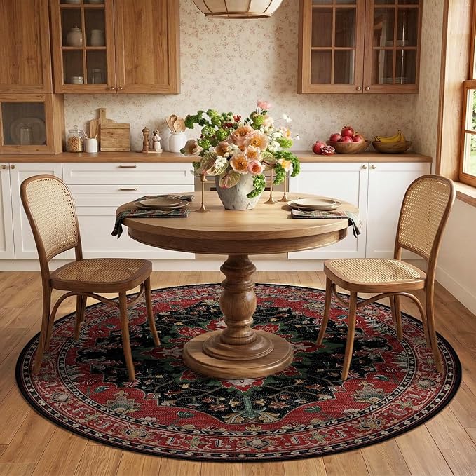 RELEANY Area Rugs Round 6ft Washable Non-Slip, Floral Vintage Distress Print Pattern Medallion Carpet for Living Room Bedroom Dining Room, Red Black