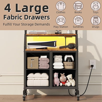 Rolling TV Stand with Mount & 4 Fabric Drawers - TV Stand with Wheels for 32-75" TV, Entertainment Center & Console Table for Living Room or Bedroom, Modern Television Stand with Storage, Rustic Brown