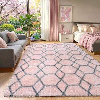 ONASAR Area Rugs for Bedroom Living Room, 4x6 Fluffy Pink and Grey Throw Rug, Shaggy Geometric Soft Plush Floor Carpet for Nursery Girls Teen Playroom Dorm Home Decor Aesthetic