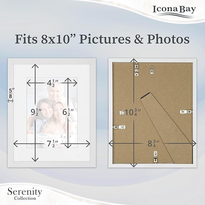 Icona Bay 8x10 Picture Frames w/Removable Mat for 5x7 Photos (White, 10 Pack), Sleek Modern Style Frames, Table Top or Wall Mount, Serenity Collection