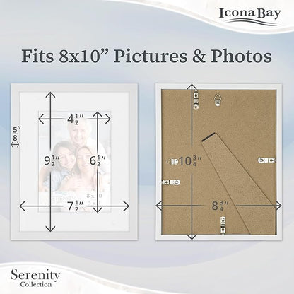 Icona Bay 8x10 Picture Frames w/Removable Mat for 5x7 Photos (White, 10 Pack), Sleek Modern Style Frames, Table Top or Wall Mount, Serenity Collection