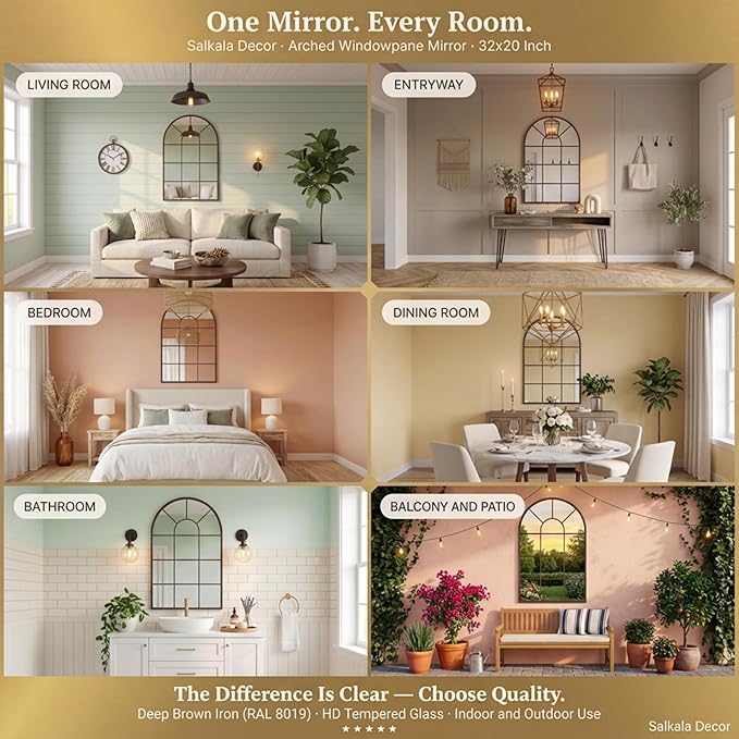 Brown Framed 48x28Inch Arched Window Pane Mirror| Arched Mirrors for Wall & Floor | Arch Mirror Full Length for Entryway Living Room & Bedroom | Oversized Mirrors | Wall Art Decorative |Farmhouse