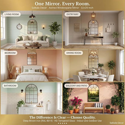 Brown Framed 48x28Inch Arched Window Pane Mirror| Arched Mirrors for Wall & Floor | Arch Mirror Full Length for Entryway Living Room & Bedroom | Oversized Mirrors | Wall Art Decorative |Farmhouse