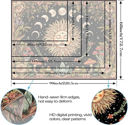 Neasow Sun and Moon Mushroom Tapestry, Vintage Orange Aesthetic Wall Art, Boho Retro Floral Mystic Decor for Living Room Bedroom Home, 36x48 inches