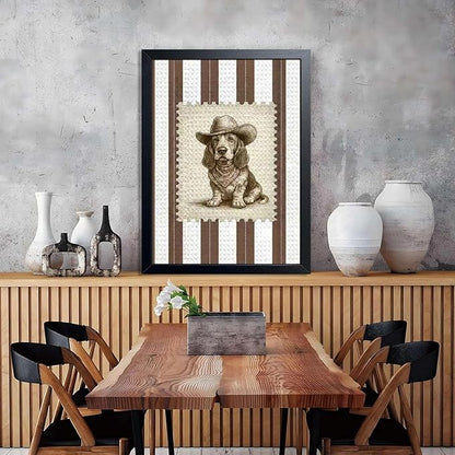 Vintage Cowboy Dog Wall Art, Western Basset Hound Canvas Print, Farm Rustic Country Animal Wall Decor, Southwestern Poster Oil Painting for Living Room Bedroom Nursery Office 16x24 Inch Framed