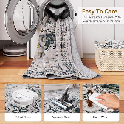 RUSHUFFY 5x7 Washable Area Rugs for Bedroom, Vintage Boho Distressed Print Pattern Rugs for Living Room, Soft Non-Slip Carpet for Indoor Dining Room Nursery Farmhouse Girls Room, Grey White