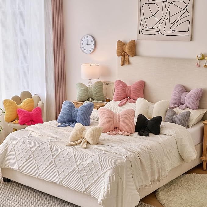 Bow Pillow, Decorative Throw Pillows with Soft Plush, Bow Throw Pillow for Couch Bed, Home Decor Bow Shaped Pillow for Bedroom Living Room (Pink, 16 Inches)