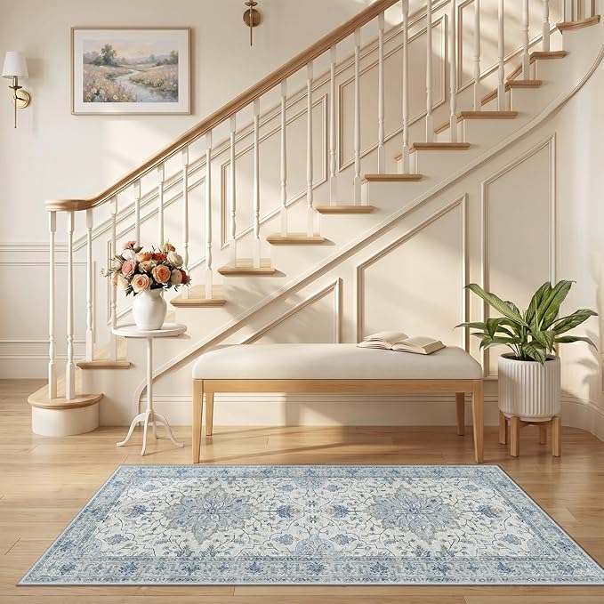 RELEANY Area Rugs 2'6"x5' Runner Rug Non Slip Washable for Kitchen Hallway Bedroom Beside Laundry Room Bathroom Rug, Floor Carpet, Light Blue Navy Beige Gray White