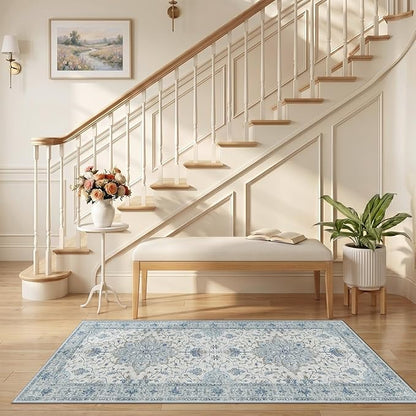 RELEANY Area Rugs 2'6"x5' Runner Rug Non Slip Washable for Kitchen Hallway Bedroom Beside Laundry Room Bathroom Rug, Floor Carpet, Light Blue Navy Beige Gray White