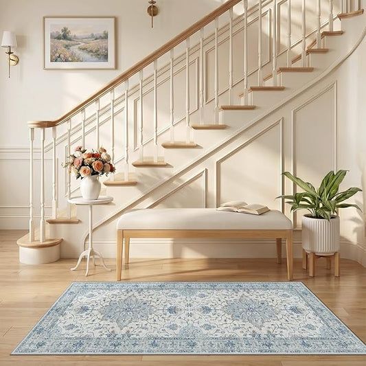 RELEANY Area Rugs 2'6"x5' Runner Rug Non Slip Washable for Kitchen Hallway Bedroom Beside Laundry Room Bathroom Rug, Floor Carpet, Light Blue Navy Beige Gray White