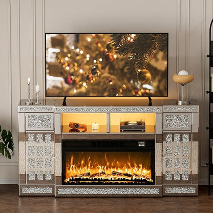 IKIFLY Mirrored Fireplace TV Stand for 65+ inch TV, Silver TV Console Table with Crushed Diamond and LED, Modern Media Entertainment Center with Storage for Living Room, Bedroom and Office