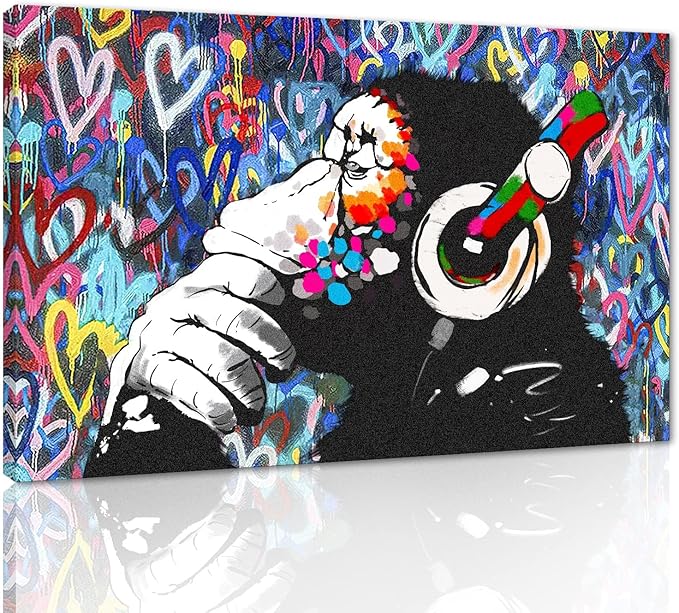 Monkey Graffiti Wall Art - Thinking Monkey Poster, Funny Picture, Painting Print on Canvas, Suitable for Home Wall Decor - Framed, Ready to Hang - 28x44inch